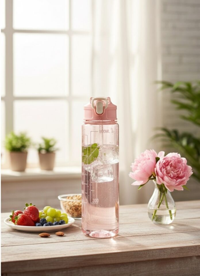 Pembe, Şeffaf Pipetli Matara – 900 ml, Sızdırmaz Kapaklı Suluk