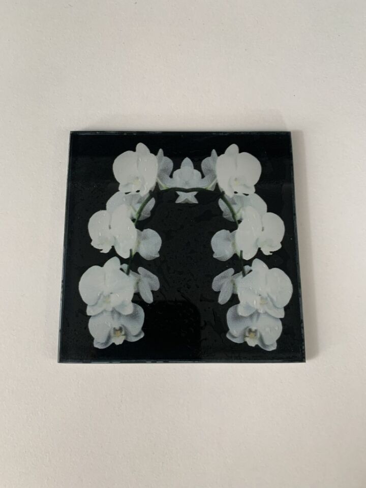 10x10cm - Beyaz Orkide, Cam Bardak Altlığı - Sunumluk