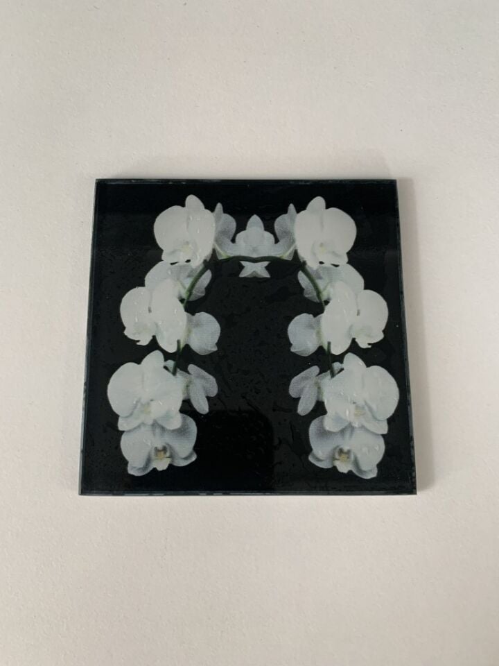 10x10cm - Beyaz Orkide, Cam Bardak Altlığı - Sunumluk
