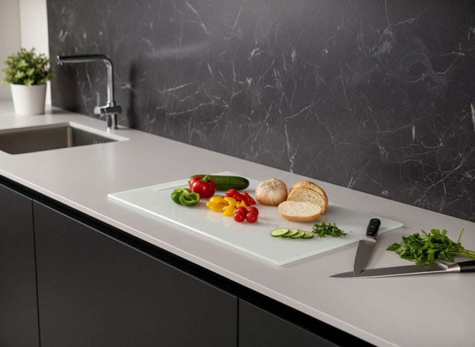 30x70cm - Düz Beyaz, Cam Kesme Tahtası - Sunumluk