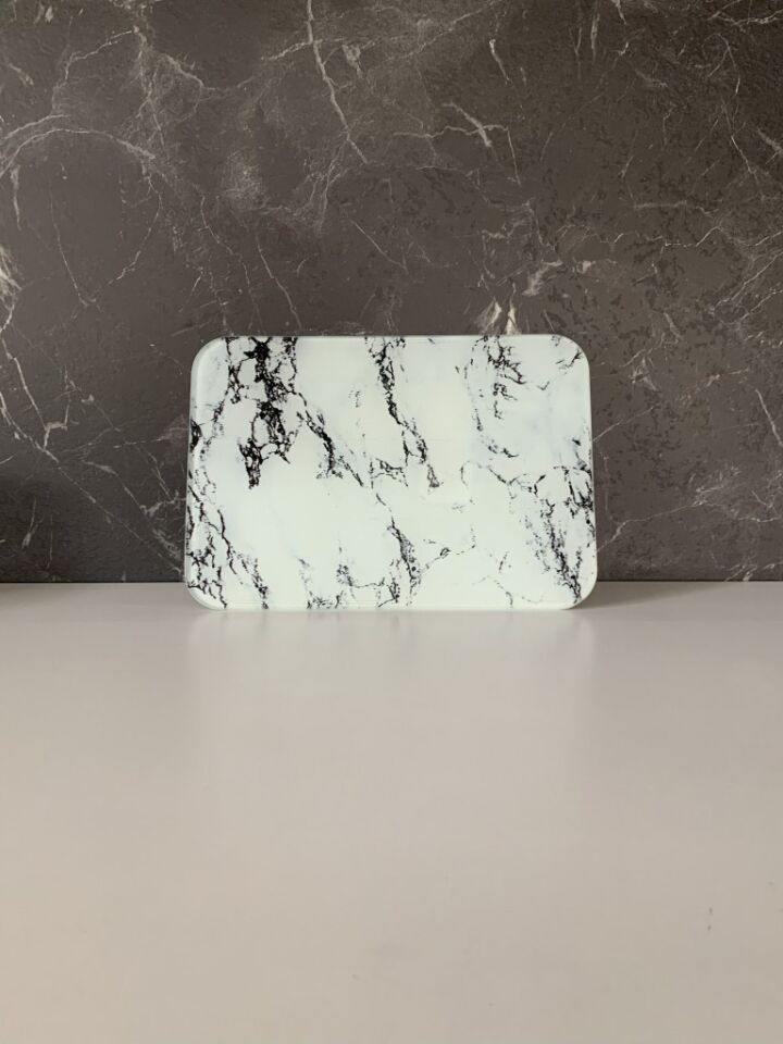 16x23cm - Beyaz Mermer, Cam Kesme Tahtası - Sunumluk