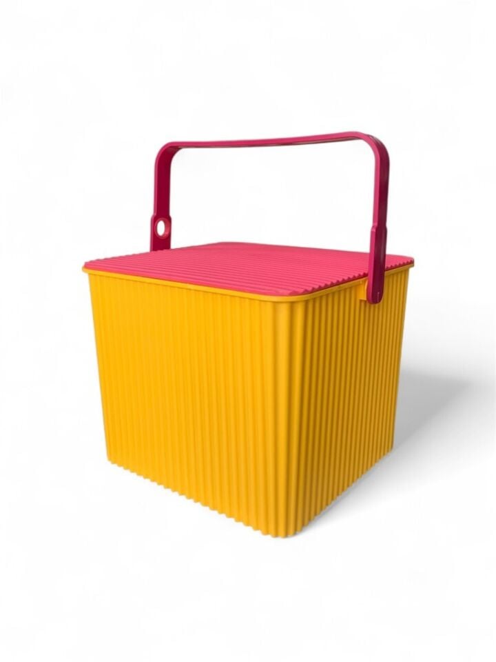 Sarı - Pembe, Kare Tırtıklı Plastik Temizlik Kovası – Saplı, Taşınabilir, Oyuncak Kovası, Saksı 11 Litre