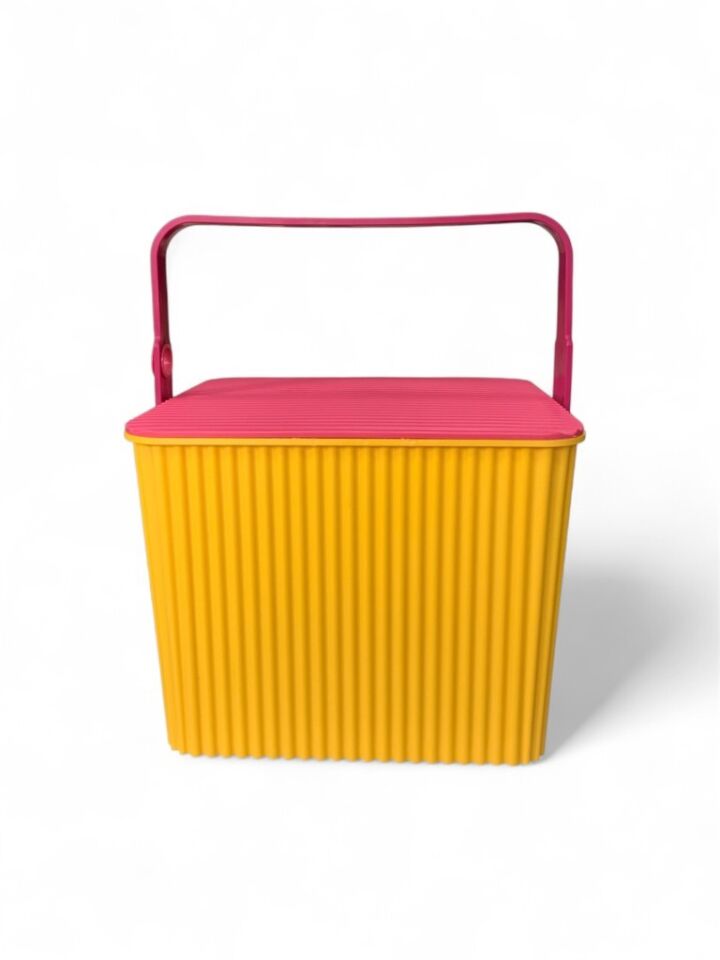 Sarı - Pembe, Kare Tırtıklı Plastik Temizlik Kovası – Saplı, Taşınabilir, Oyuncak Kovası, Saksı 11 Litre