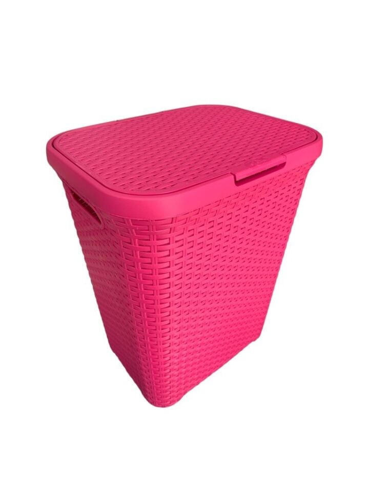 Fuşya, Hasır Desenli Kapaklı Çamaşır Sepeti – 55x43x33cm