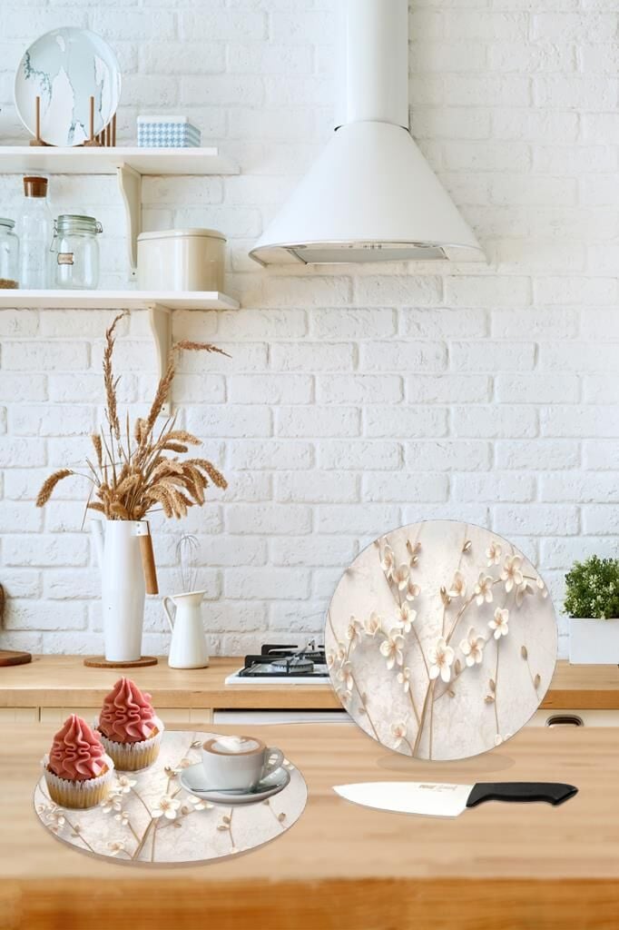 Yapay Güller Cam Kesme Tahtası - Sunum Tabağı| Çap 20