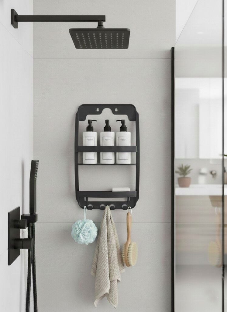 Banyo Rafı Duvara Monte Plastik 3 Katlı Raf Organizer – Askılıklı, Antrasit