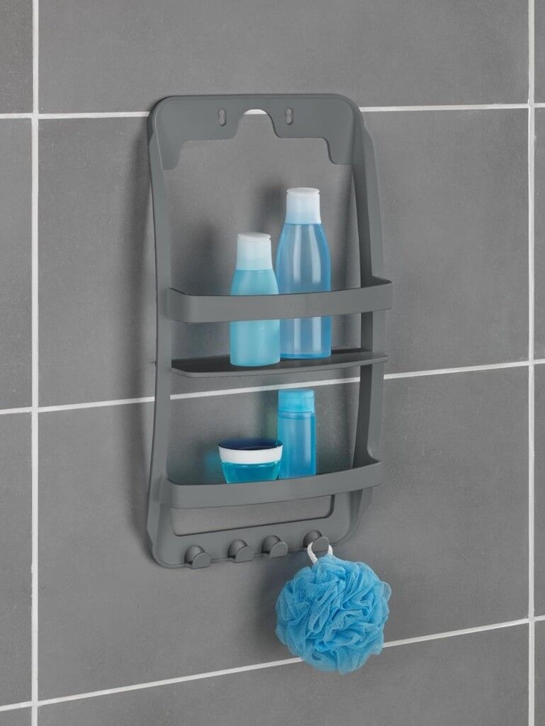 Banyo Rafı Duvara Monte Plastik 3 Katlı Raf Organizer – Askılıklı, Antrasit