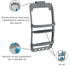 Banyo Rafı Duvara Monte Plastik 3 Katlı Raf Organizer – Askılıklı, Antrasit