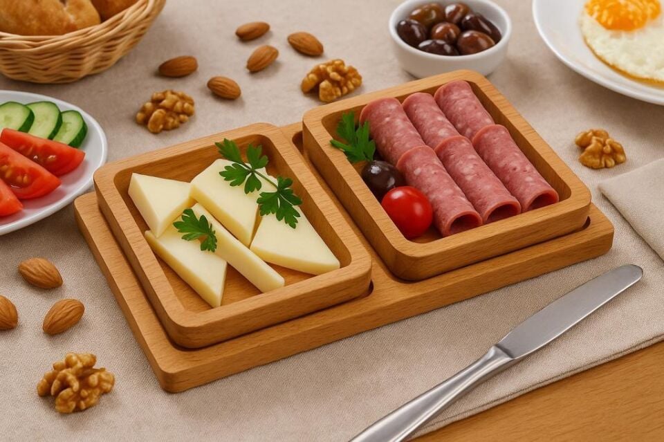 Saban Doğal Ahşap Çerezlik ve Kahvaltılık – Tepsili 2 Kaseli Sunum Tabağı T34