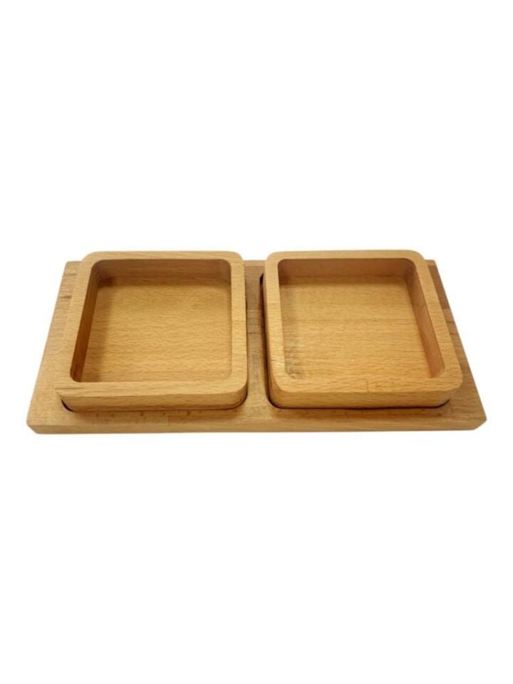 Saban Doğal Ahşap Çerezlik ve Kahvaltılık – Tepsili 2 Kaseli Sunum Tabağı T34