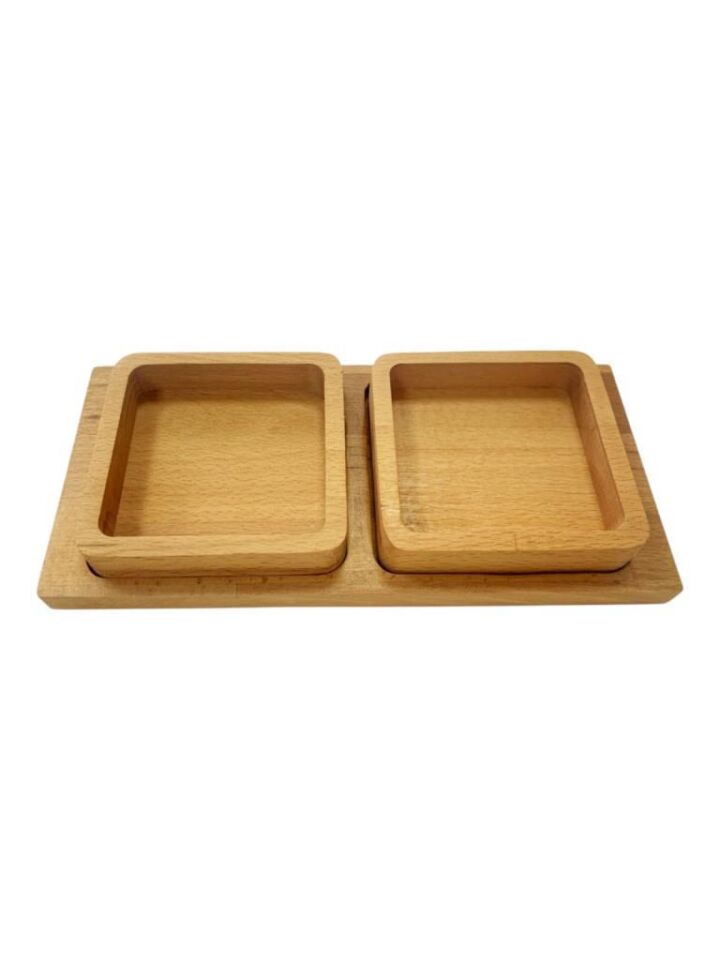 Saban Doğal Ahşap Çerezlik ve Kahvaltılık – Tepsili 2 Kaseli Sunum Tabağı T34