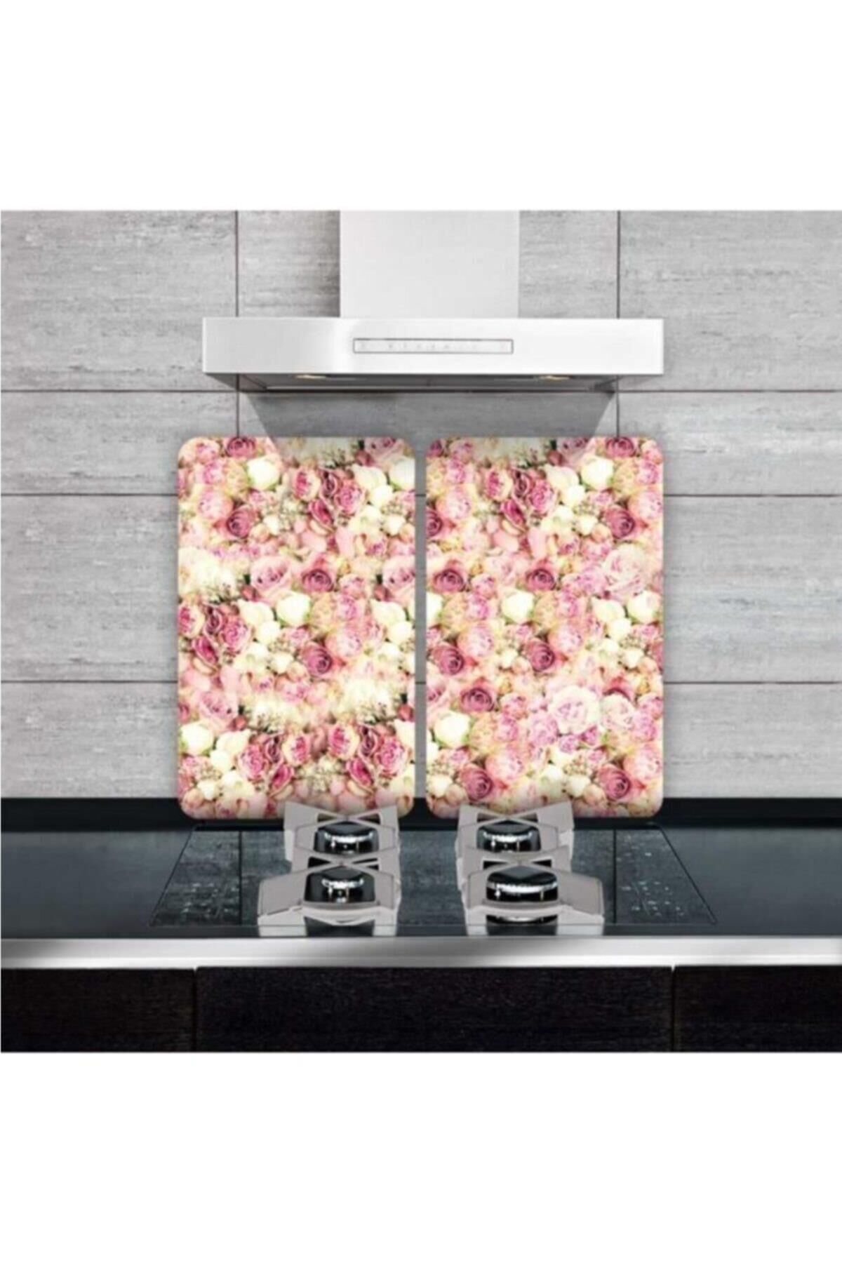 2'li 30x52 cm Cam Ocak Koruyucu 4'lü Ocaklar İçin Açık Pembe Güller