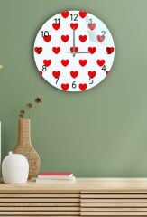 Çap 27 cm Kırmızı Kalpler Dekoratif Cam Duvar Saati