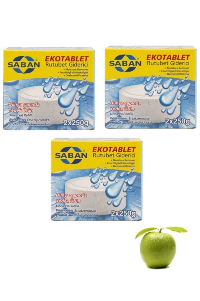 3 Adet 2x250 gr Nem Alıcı Rutubet Giderici Yedek Tablet Yeşil Elma