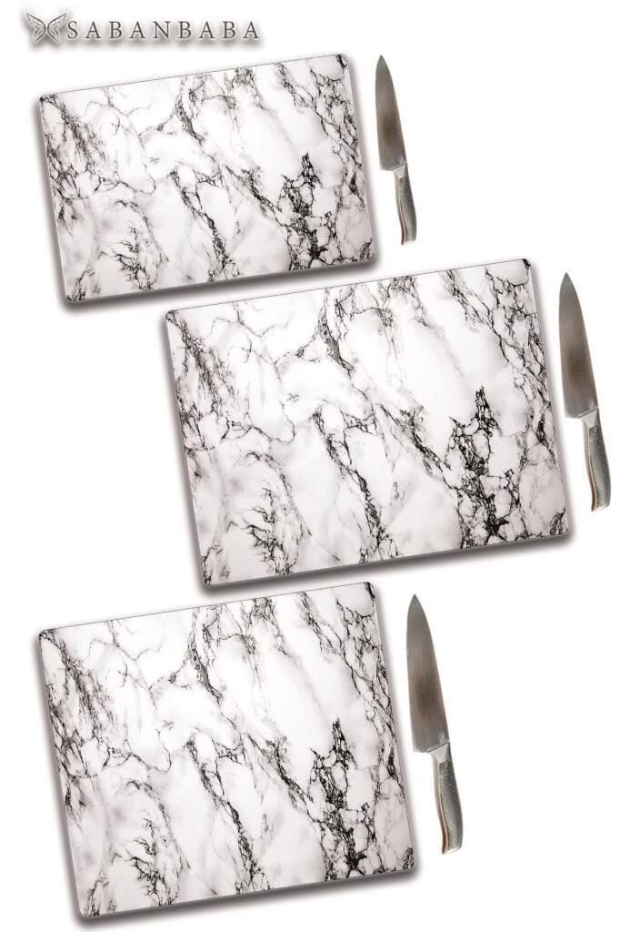 3'lü Takım Beyaz Mermer Desenli | Cam Kesme Tahtası - Cam Kesme Tablası