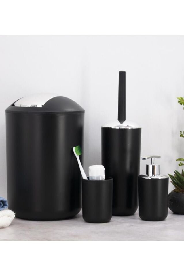 4'lü Siyah, Banyo Aksesuar Seti, Çöp Kovası Seti - Brazil Model
