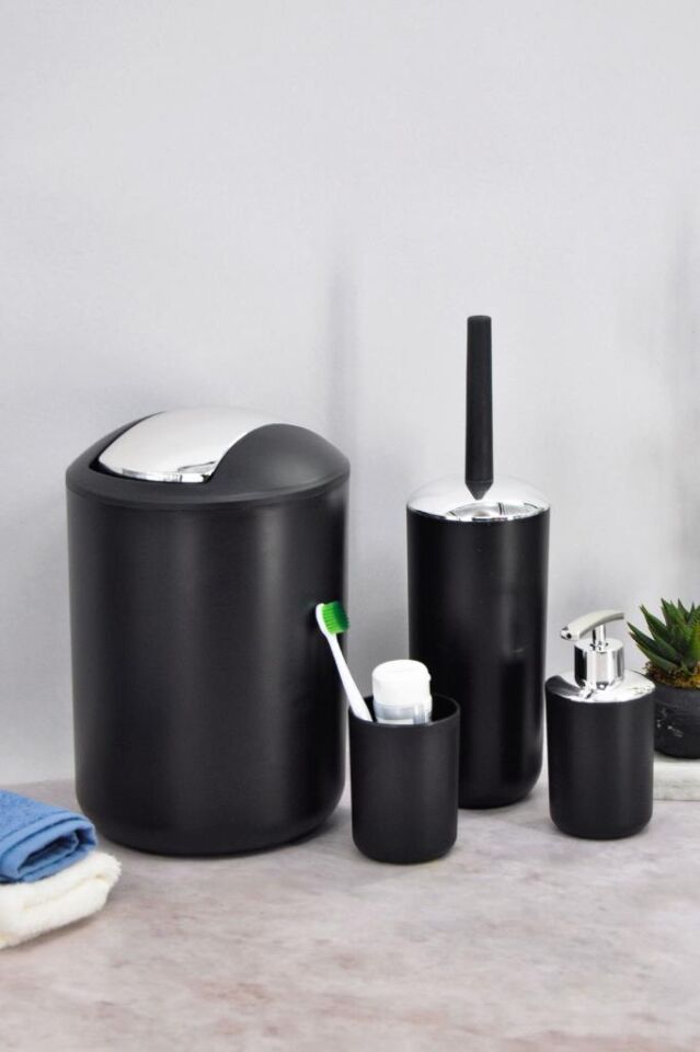 4'lü Siyah, Banyo Aksesuar Seti, Çöp Kovası Seti - Brazil Model