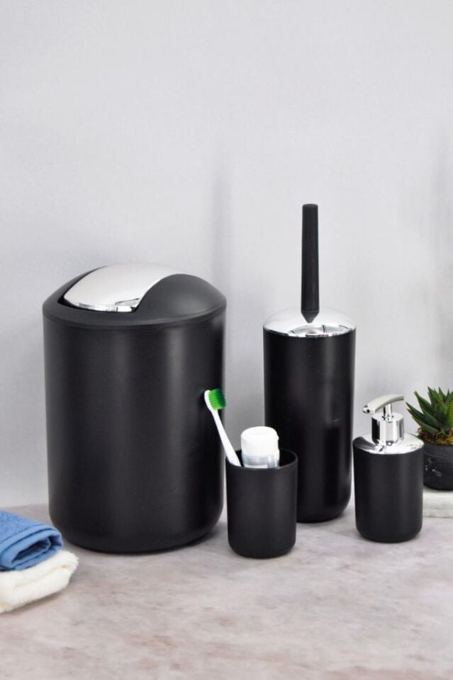 4'lü Siyah, Banyo Aksesuar Seti, Çöp Kovası Seti - Brazil Model