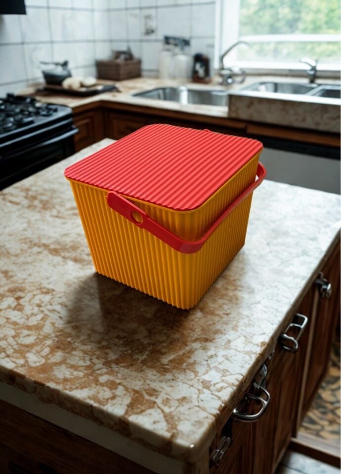 Sarı - Kırmızı, Kare Tırtıklı Plastik Temizlik Kovası – Saplı, Taşınabilir, Oyuncak Kovası, Saksı 11 Litre