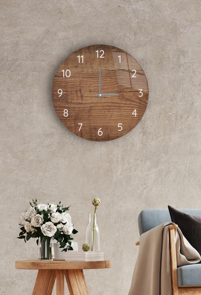 Çap 27 cm Koyu Ahşap Dekoratif Cam Saat