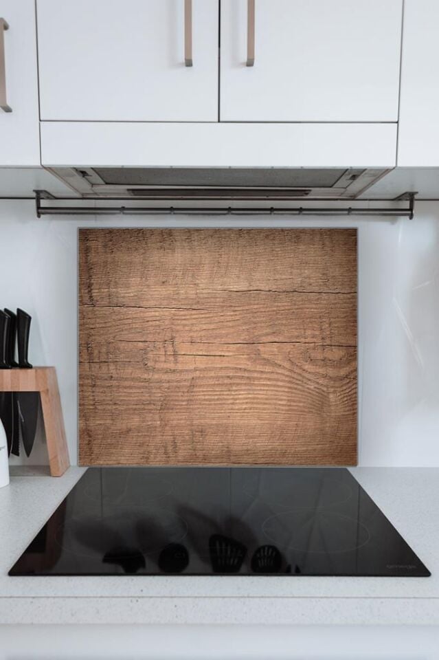 50x60cm - Cam Ocak Koruyucu - Koyu Ahşap Desenli