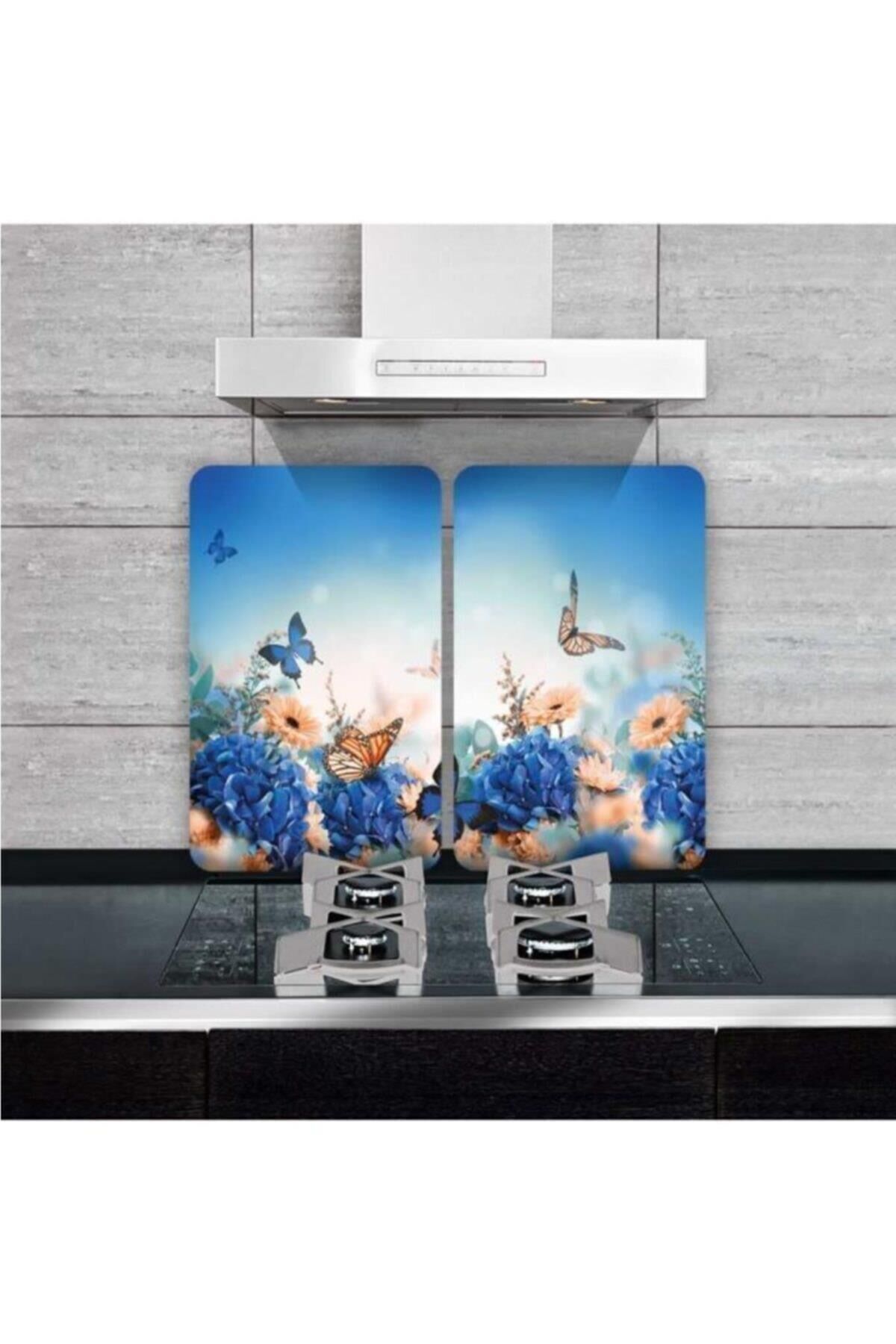 2'li 40x52 cm Cam Ocak Koruyucu 5'li Ocaklar İçin Kelebek
