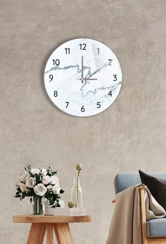 Çap 27cm - Siyah Beyaz Mermer - Dekoratif Cam Duvar Saati